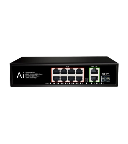 PoE Gigabit Суич 10/100/1000, 8 ports + 2 Uplink x 1000Mbit, +1 SFP, 20Gbps IEEE802.3af/at, 120W, 250m