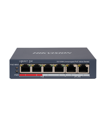 PoE Суич HikVision DS-3E0106P-E/M(B) 4+2 x 100Mb, 45W, L2, Unmanaged 802.3af/at