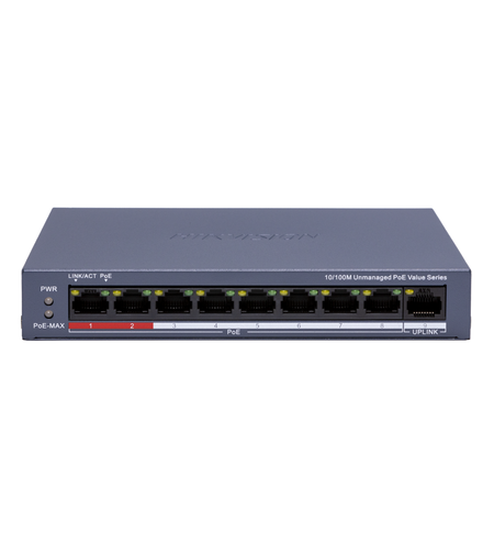 PoE Суич HikVision DS-3E0109P-E/M(C) 8+1 x 100Mb, 80W, L2, Unmanaged 802.3af/at