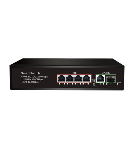 PoE Gigabit Суич 10/100/1000, 4 ports + 1 Uplink x 1000Mbit, +1 Uplink SFP, 10Gbps IEEE802.3af/at, 65W, 250m