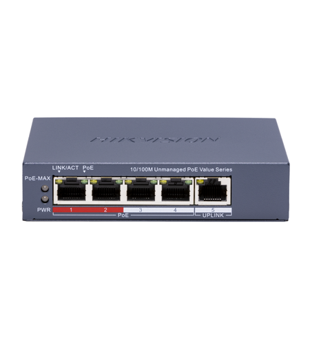 PoE Суич HikVision DS-3E0105P-E/M(C) 4+1 x 100Mb, 45W, L2, Unmanaged 802.3af/at