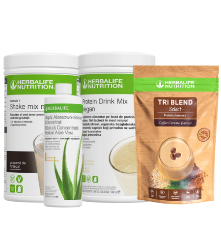 Pachet Vegan de Nutriție Premium – PDM Vegan Vanilla, Shake F1 (aromă la alegere), Aloe Mango & Tri Blend Select Coffee Caramel