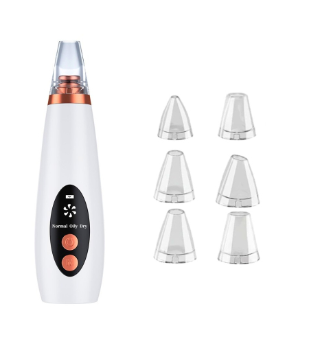 Aparat indepartat puncte negre, Neo™ Premium, cu vacuum, 3 Puteri ajustabile, 6 capete, Ingrijire faciala, Curatare faciala, Acnee, Incarcare USB, Alb