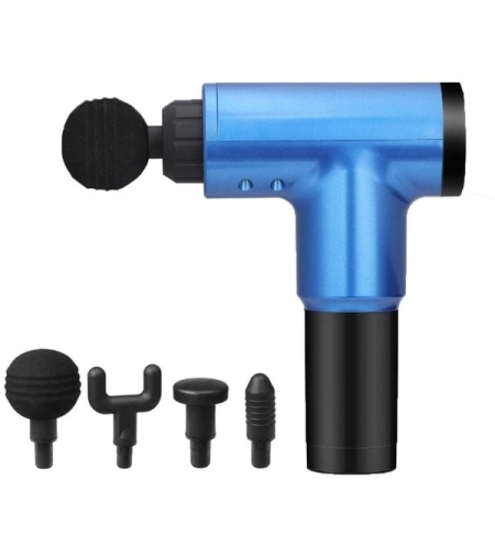 Aparat de Masaj Profesional, cu 4 capete interschimbabile si 6 trepte de intensitate, Neo™ Professional Gun®, pentru dureri musculare, reumatice, anticelulitic, Albastru