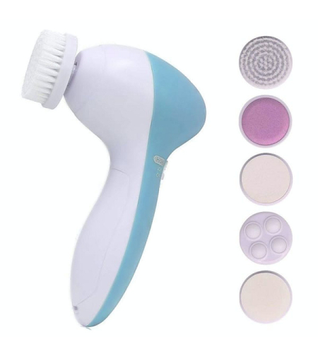 Perie electrica de curatare faciala, Eleganza, 5 capete, 135 x 85 x 50 mm, Alb/Albastru
