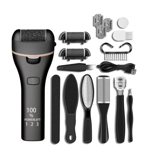 Set Aparat indepartare bataturi si piele uscata Calus Neo™ Foot Polisher v623 MAT, cu display digital, iluminare LED, incarcare USB, capat suplimentar si 3 role microminerale, 3900 rpm, Negru