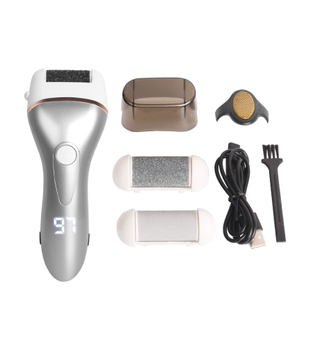 Aparat indepartare bataturi si piele uscata Calus Neo™ Foot Polisher Cap, display digital, LED, incarcare USB, cu capac si 3 role, 2300 rpm, V608 Silver