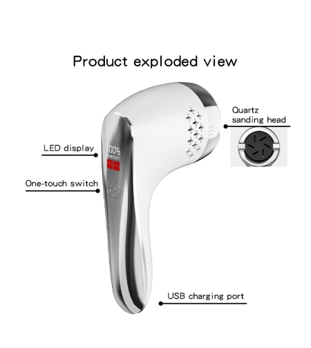 Set Aparat Profesional pentru indepartare bataturi Calus EAR Neo™ Foot Polisher Vacuum, cu aspirator, inlatura si pielea uscata, display digital, LED, incarcare USB, 2 role, 2700 rpm, C6497, Alb