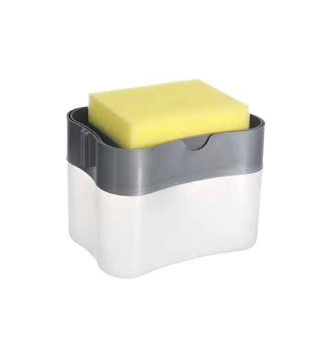 Dispenser 2 in 1, Suport pentru Burete si Dozator Detergent de Vase, 380 ml, 14x11x9 cm, Gri/Transparent, Neo™