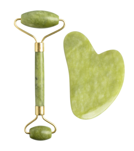 Set Rola Dubla Roller Jade si Piatra Guasha de Jad, Neo™, aparat / dispozitiv pentru masaj facial si corporal si drenaj limfatic, Verde