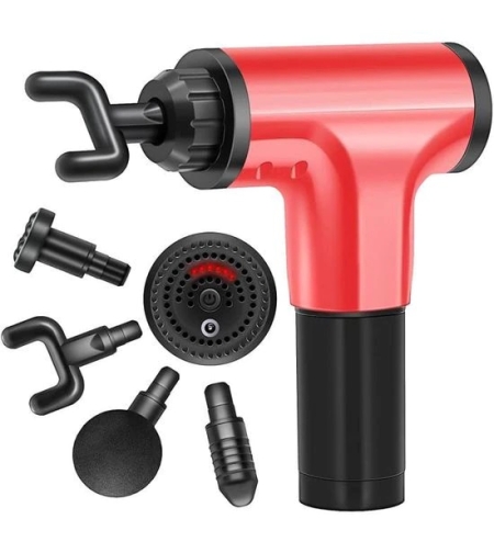Aparat de Masaj Profesional, cu 4 capete interschimbabile si 6 trepte de intensitate, Neo™ Professional Gun®, pentru dureri musculare, reumatice, anticelulitic, Rosu