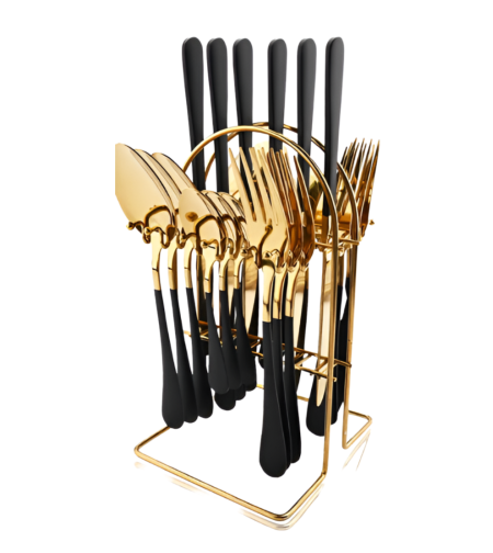 Set Tacamuri in Stil Portughez, 24 piese, din Otel Inoxidabil, Auriu/Negru, Neo™