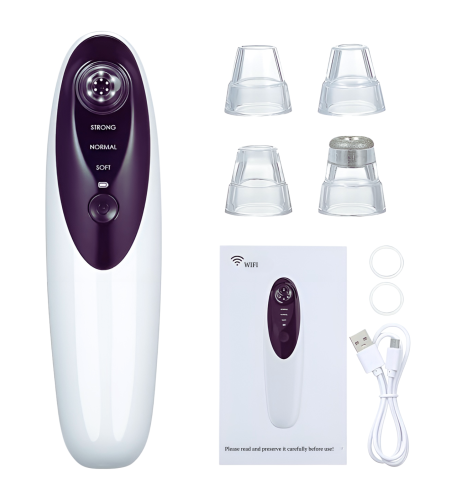 Aparat electric, portabil, multifunctional de curatare ten, scos cosuri, acnee, puncte negre, aspirator pentru fata cu conexiune Wi-Fi si camera video incorporata, suporta iOS si Android, 3 viteze, 4 sonde de extractie, culoare alb