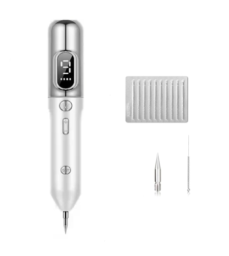 Aparat Plasma Pen, Neo™ cu 5 ace de schimb incluse, 9 viteze, pentru indepartare negi, pete, tatuaje, alunite, cicatrici, pistrui, Lifting pleoape, PlasmaPen®, Ecran LCD, Argintiu/Alb