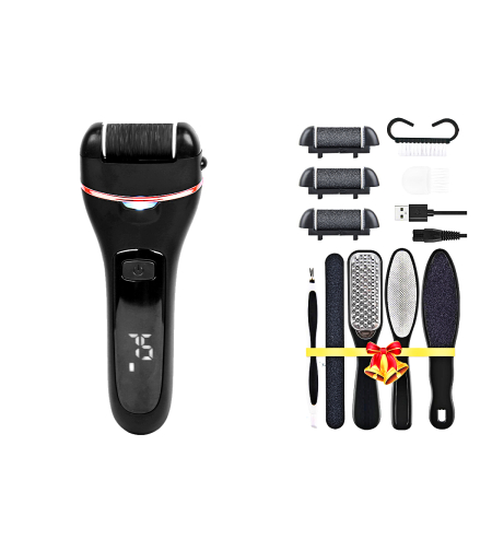 Set Aparat indepartare bataturi si piele uscata Calus Neo Foot Polisher, display digital, LED, incarcare USB, capat suplimentar si 3 role, 2000 rpm, Negru