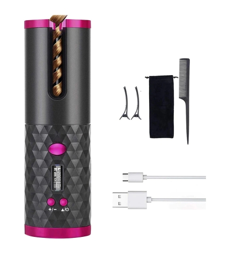 Ondulator Automat fara fir Wireless, Neo™ Ciuff®, cu 2 clame de par, un pieptan, 6 trepte de temperatura si afisaj LCD, 150 - 200 °C, baterie incorporata, Incarcare USB, Antracit-Roz