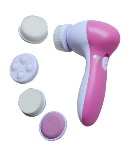Perie Rotativa pentru curatare faciala si masaj 5 in 1, Neo™ Premium, cu 2 viteze, functie de reglare a vitezei, 5 capete perii interschimbabile,13x7cm, alb/roz