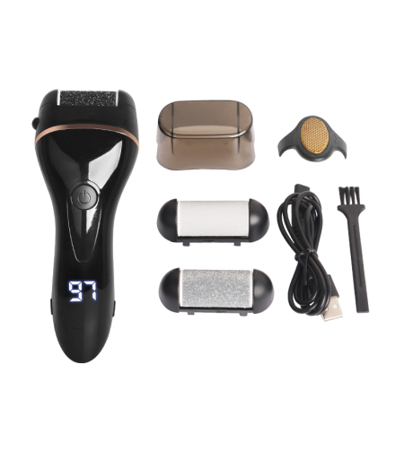 Aparat indepartare bataturi si piele uscata Calus Neo™ Foot Polisher Cap, cu capac, display digital, LED, incarcare USB, capat suplimentar si 3 role, 2300 rpm, V608 Black