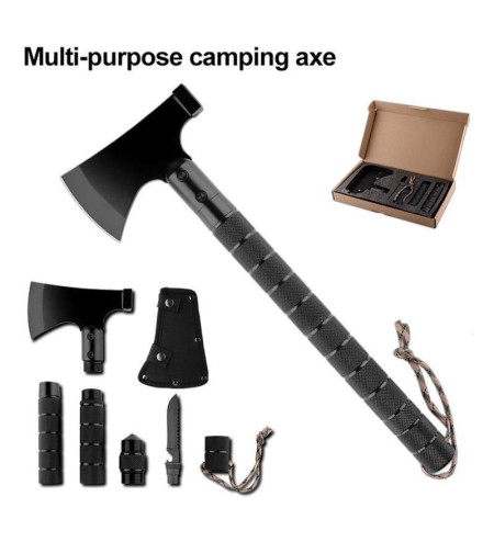 Topor Multifunctional Metalic cu 8 Piese Neo™ Campy® Negru usor de asamblat prin infiletare, maner lung, cutit, busola, tais topor, ciocan