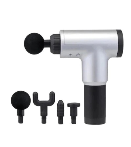 Aparat de Masaj Profesional, cu 4 capete interschimbabile si 6 trepte de intensitate, Neo™ Professional Gun®, pentru dureri musculare, reumatice, anticelulitic, Gri