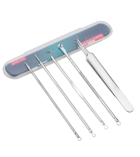 Set 5 pensete pentru extractie puncte negre, comedoane, acnee, ustensile cosmetice din inox, metalic, Neo™ Premium®