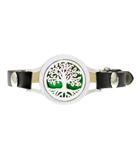 Bratara cu aromaterapie Neo™ WJ254, Tree of Life curled leaves, eco-friendly, aliaj de zinc si piele ecologica