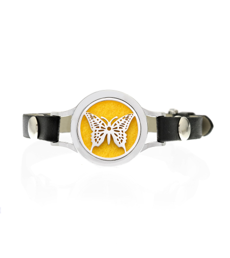 Bratara cu aromoterapie Neo™ WJ445, Yellow Butterfly, eco-friendly, aliaj de zinc si piele ecologica