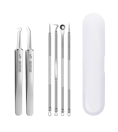 Set 6 pensete pentru extractie puncte negre, comedoane, acnee, ustensile cosmetice din inox, metalic, Neo™ Premium®