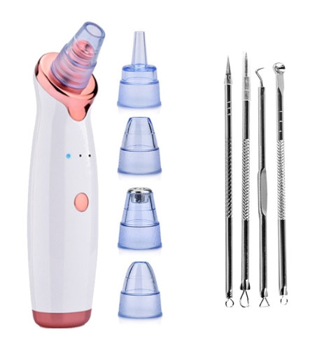 Set cu Aparat indepartare puncte negre, Neo™, cu vacuum, 5 capete, Curatare faciala, indepartare Acnee, USB, Alb si Trusa Profesionala 4 Pensete