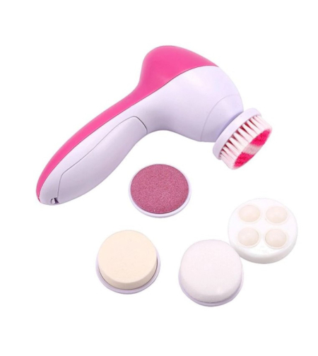 Aparat electric pentru exfoliere si masaj facial, 5 perii incluse si functie de reglare a vitezei, 13x7cm, Roz, viMAG ®