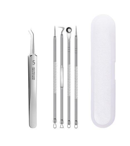 Set 5 pensete pentru extractie puncte negre, ustensile cosmetice din inox, metalic, acnee, comedoane, Neo™ Premium®