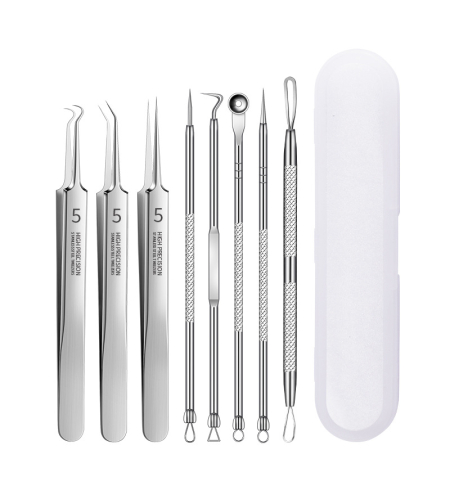 Set 8 pensete pentru extractie puncte negre, comedoane, acnee, ustensile cosmetice din inox, metalic, Neo™ Premium®