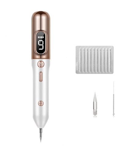 Aparat Plasma Pen, Neo™ cu 5 ace de schimb incluse, 9 viteze, pentru indepartare negi, pete, tatuaje, alunite, cicatrici, pistrui, Lifting pleoape, PlasmaPen®, Ecran LCD, Auriu/Alb