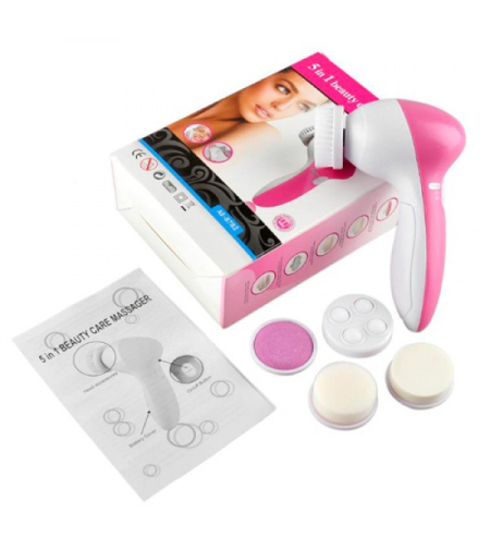 Perie de masaj si ingrijire faciala 5 in 1 OEM, 5 Capete, Alb/Roz