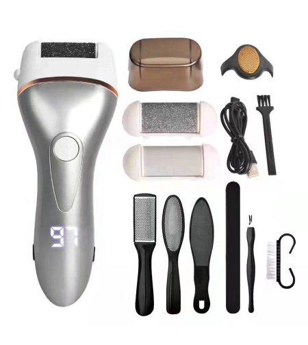 Set Aparat indepartare bataturi si piele uscata Calus Neo™ Foot Polisher Cap, cu capac, display digital, LED, incarcare USB, capat suplimentar si 3 role, 2000 rpm V608 Gri si Pile