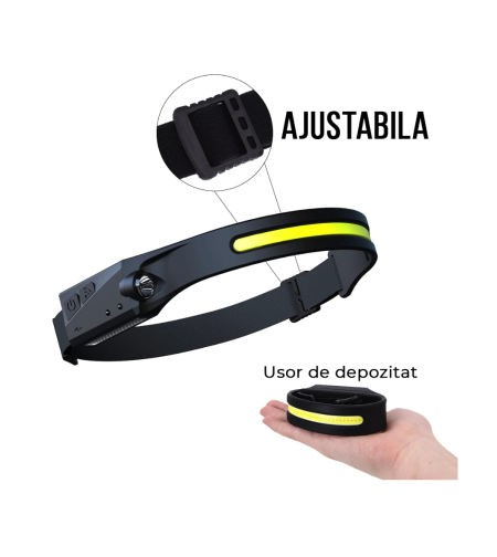Lanterna de cap Neo™ LED, sursa banda, profesionala, acumulator, senzor miscare, 4 moduri lumina, lumina laterala, pentru pescuit, vanatoare, munca, negru