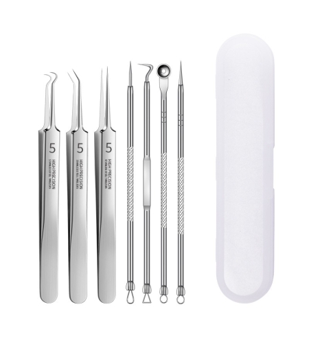 Set 7 pensete pentru extractie puncte negre, comedoane, acnee, ustensile cosmetice din inox, metalic, Neo™ Premium®