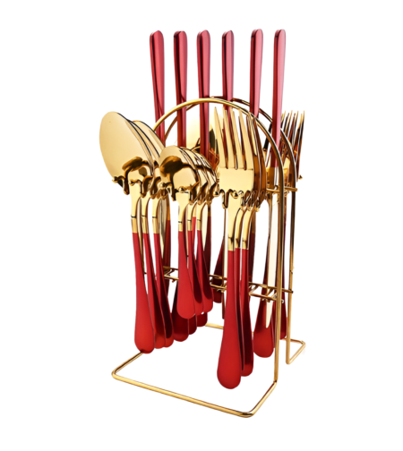 Set Tacamuri in Stil Portughez, 24 piese, din Otel Inoxidabil, Auriu/Rosu, Neo™