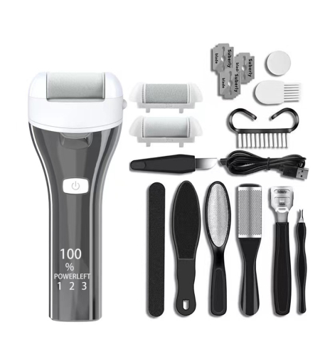 Set Aparat indepartare bataturi si piele uscata Calus Neo™ Foot Polisher v623 MAT, cu display digital, iluminare LED, incarcare USB, capat suplimentar si 3 role microminerale, 3900 rpm, Gri