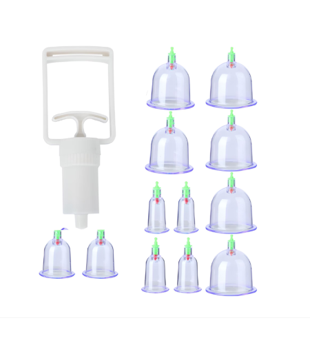 Set de 12 Ventuze Transparente pentru Masaj Terapeutic cu Pompa cu Vacuum, Efecte Anticelulitice, Antistres si Relaxare Musculara, Neo™