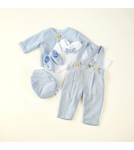 Costum botez băiețel LIAM, din muselină bleu natural, 5 piese