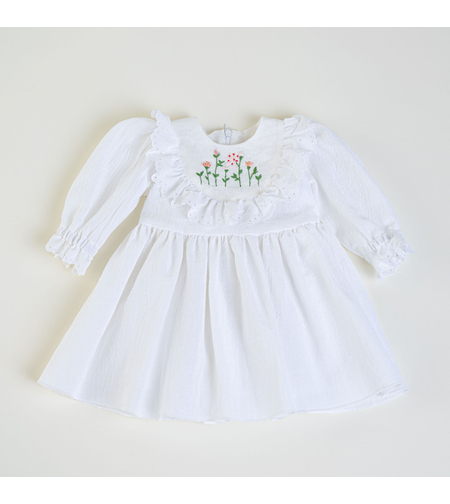Girls’ Dress in White Traditional Woven Cotton with Floral Embroidery – SPRING Model