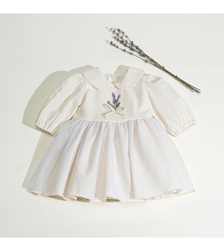 Rochiță botez, din bumbac crem, model LAVANDA