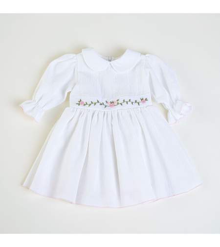 Girls’ White Cotton Dress with Floral Embroidery – ROSE Model