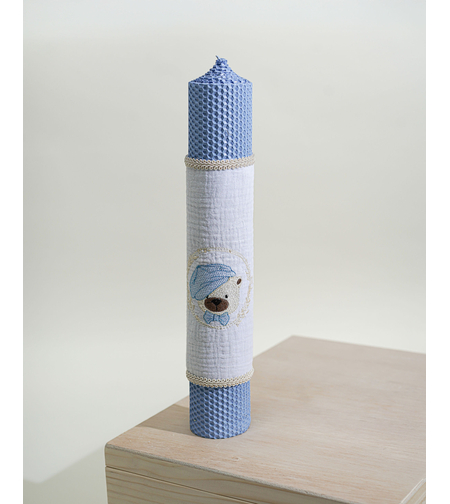 Lumânare botez din ceară naturală „Teddy Dreams” – cu ursuleț brodat Baby blue