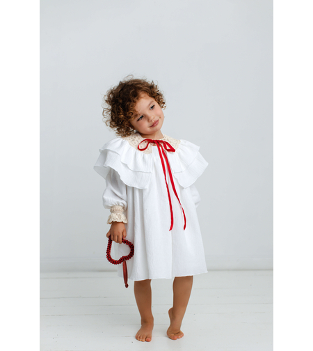 Rochiță albă cu mânecă lungă din muselină pentru fetițe, model TAISIA