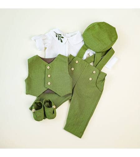 Costum de botez băiețel din in și muselină brodată - Set „Frunză de Măslin”