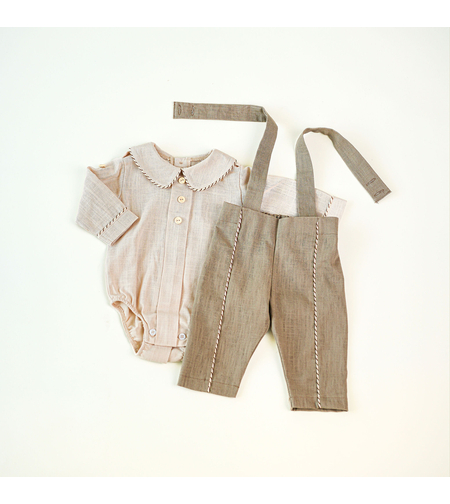 Compleu băiețel din in prespălat maro cu vesta, 0-1 ani, model TEODOR