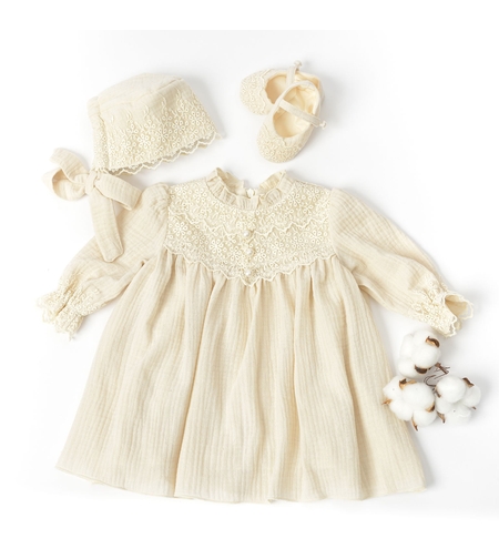 Rochita botez fetite, muselina crem, model NICOLE