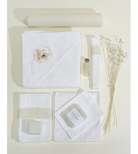 Trusou pentru botez, din muselină alba, cu broderie „Teddy Dreams” roz